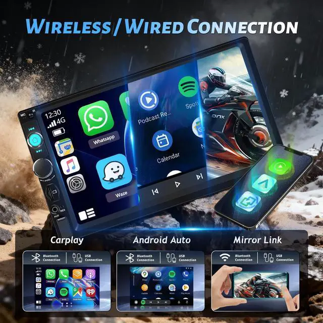 Alt view image 2 of 5 - Volxcereo 7 Inch Single Din Car Radio, 1 Din IPS Touch Screen Car Stereo with Wireless Carplay and Android Auto, Bluetooth, Yo-u-Tu-be Video, Mirror Link, FM Radio, SWC, USB, EQ, Backup Cam