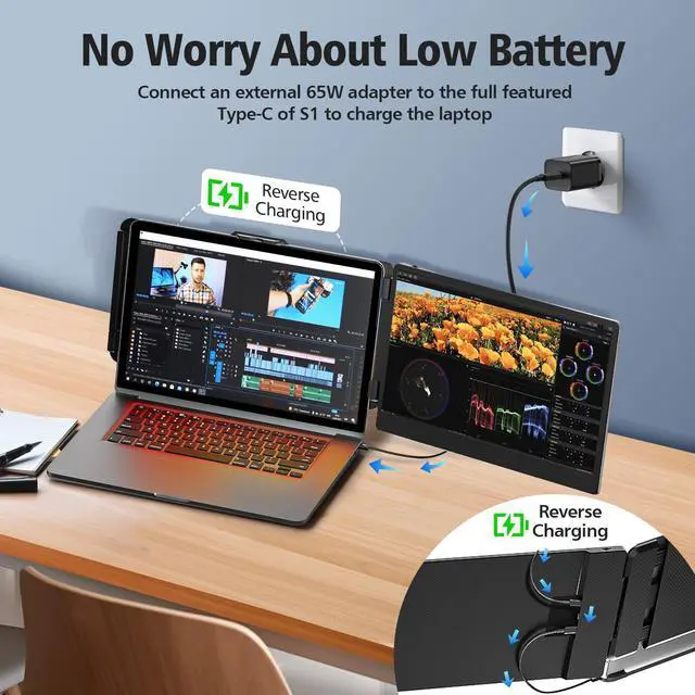 Alt view image 6 of 6 - Bosii Portable Laptop Screen Extender  14" IPS FHD 1080P Monitor, HDMI/USB-A/Type-C, Compatible with Windows & Mac for Travel, Gaming, Work (Max Length: 15.94")