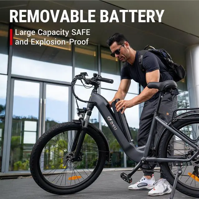 Alt view image 5 of 7 - DYU 26" Commuter Electric Bike for Adults,15.5MPH Cruiser E Bike, 350W 36V 10AH Li-ion Battery, Shimano 7-Speed,Travel Up to 40 Miles, Complies to UL2849