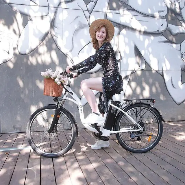 Alt view image 2 of 7 - DYU 26" Commuter Electric Bike for Women,15.5MPH Cruiser E Bike, 350W 36V 12.5AH Li-ion Battery, Shimano 6-Speed, Front Basket, Travel Up to 37 Miles, Complies to UL2849
