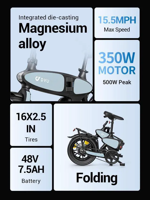 Alt view image 2 of 7 - DYU 16" Folding Electric Bike for Adults Teens, 500W Peak Motor 48V/7.5AH, Pedal-Assist, Commuter Cruiser City E Bike