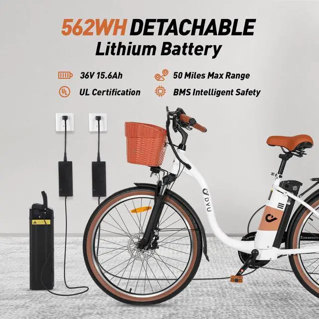 Alt view image 3 of 7 - DYU 26" Commuter Electric Bike for Adults, Peak 500W 36V 15.6AH, Pedal-Assist, Shimano 7-Speed, Cruiser City E Bike
