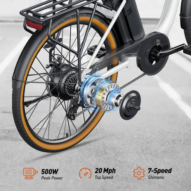 Alt view image 4 of 7 - DYU 26" Commuter Electric Bike for Adults, Peak 500W 36V 15.6AH, Pedal-Assist, Shimano 7-Speed, Cruiser City E Bike