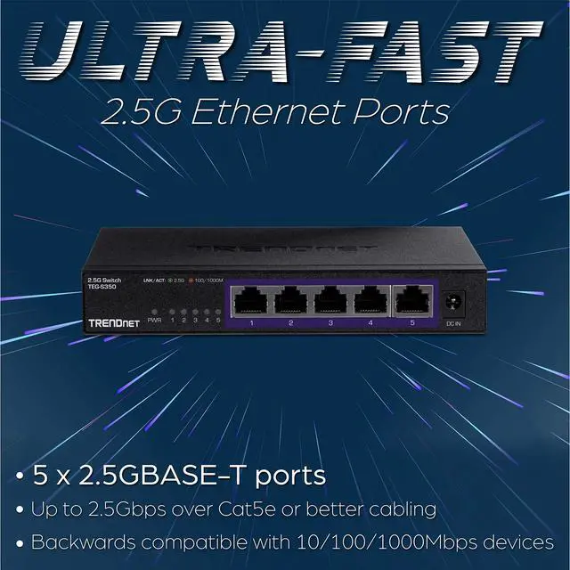 Alt view image 3 of 5 - TRENDnet 5-Port Unmanaged 2.5G Switch, 5 x 2.5GBASE-T Ports, 25Gbps Switching Capacity, Backwards Compatible with 10-100-1000Mbps Devices, Fanless, Wall Mountable, Black, (TEG-S350)
