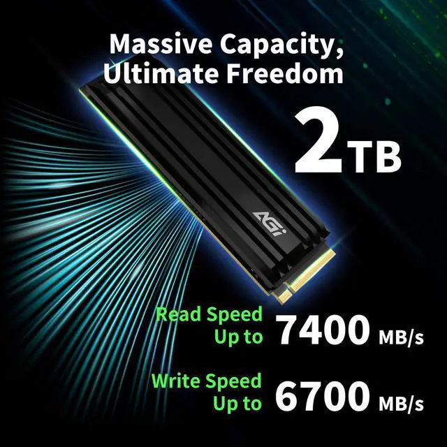 Alt view image 2 of 7 - AGI 2TB SSD, AI828 PCIe NVMe 4.0 M.2 2280 Gen4x4 with Heat Sink, Read up to 7400MB/s, Work with PS5, 3D NAND Internal Solid State Drive - AGI2T0G44AI828