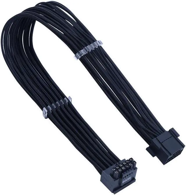 Main image of X-Enlazar Superior 600W PCIe 5.0 / Gen 5 90 Degree L-Angled Patent 12VHPWR PSU Extension Cable / Black / 12+4pin to 12+4pin Extension Connector / Mesh Paracord Sleeving