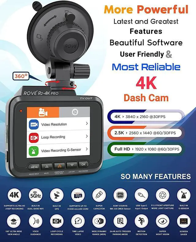 Alt view image 2 of 7 - ROVE R2-4K PRO Dash Cam, Built-in GPS, 5G WiFi Dash Camera for Cars, 2160P UHD 30fps Dashcam with APP, 2.4" IPS Screen, Night Vision, WDR, 150° Wide Angle, 24-Hr Parking Mode, Supports 512GB Max