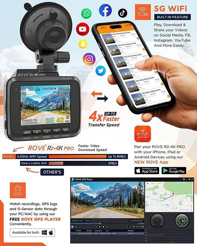 Alt view image 4 of 7 - ROVE R2-4K PRO Dash Cam, Built-in GPS, 5G WiFi Dash Camera for Cars, 2160P UHD 30fps Dashcam with APP, 2.4" IPS Screen, Night Vision, WDR, 150° Wide Angle, 24-Hr Parking Mode, Supports 512GB Max