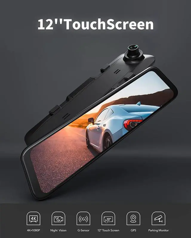 Alt view image 2 of 7 - WOLFBOX 12" 4K Rear View Mirror Camera, Smart Full Touch Screen Mirror Dash Cam Front and Rear, Backup Camera with 1080P Rear Camera, Dash Cam with WDR Camera,Night Vision,Free 64GB Card & GPS