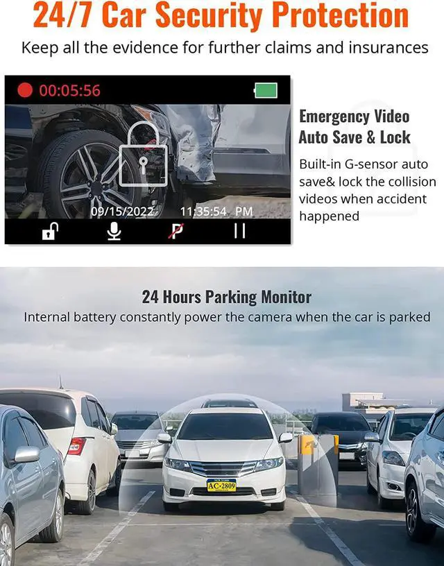 Alt view image 5 of 6 - Kingslim D1 Pro 2K Dash Cam Front and Inside with Wi-Fi GPS - 2K/1080P Dual Car Camera Driving Recorder, Super Night Vision with 340° Wide Angle, 24H Parking Monitor (No Card),128GB