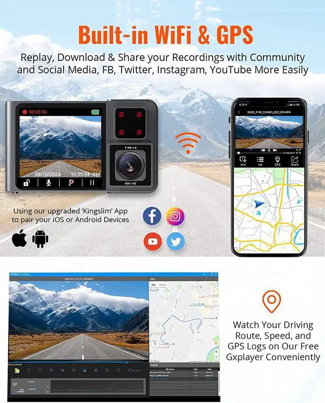 Alt view image 3 of 6 - Kingslim D1 Pro 2K Dash Cam Front and Inside with Wi-Fi GPS - 2K/1080P Dual Car Camera Driving Recorder, Super Night Vision with 340° Wide Angle, 24H Parking Monitor (No Card),128GB