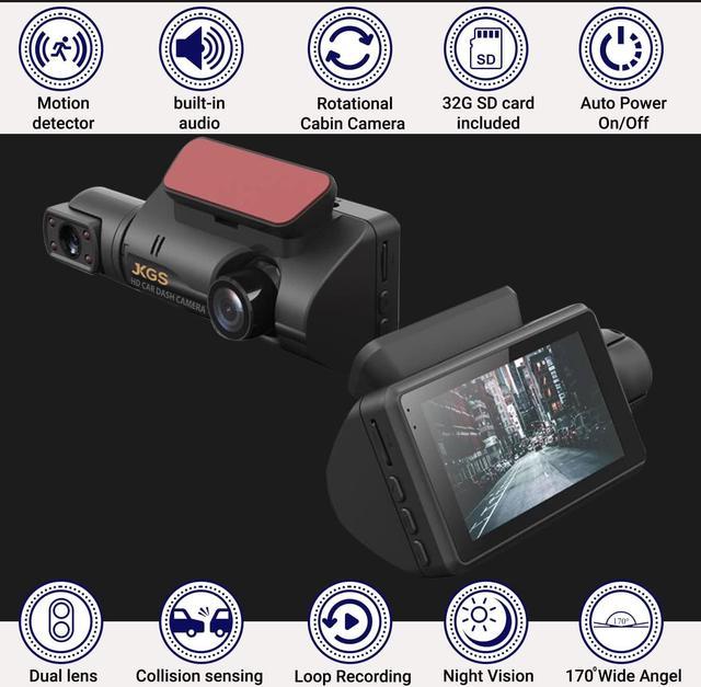 JKGS HD Car Dash Camera - Front and Inside Car Monitor with 32G SD Card,  WI-FI, Passenger and Baby Camera, Dual Monitor, Motion Sensor, Night  Vision