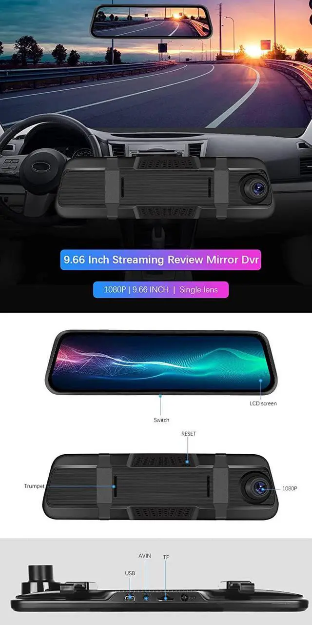 Alt view image 2 of 7 - CAMECHO 9.66 Mirror Dash Cam Backup Camera with 32GB Card, 1080P Full HD Touch Screen Dual Front and Rear Camera Super Night Vision, G-Sensor, WDR, Parking Monitor, Loop Recording, Motion Detection