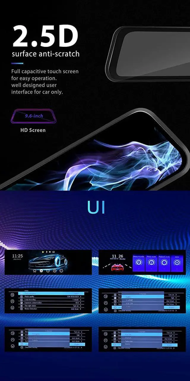 Alt view image 3 of 7 - CAMECHO 9.66 Mirror Dash Cam Backup Camera with 32GB Card, 1080P Full HD Touch Screen Dual Front and Rear Camera Super Night Vision, G-Sensor, WDR, Parking Monitor, Loop Recording, Motion Detection