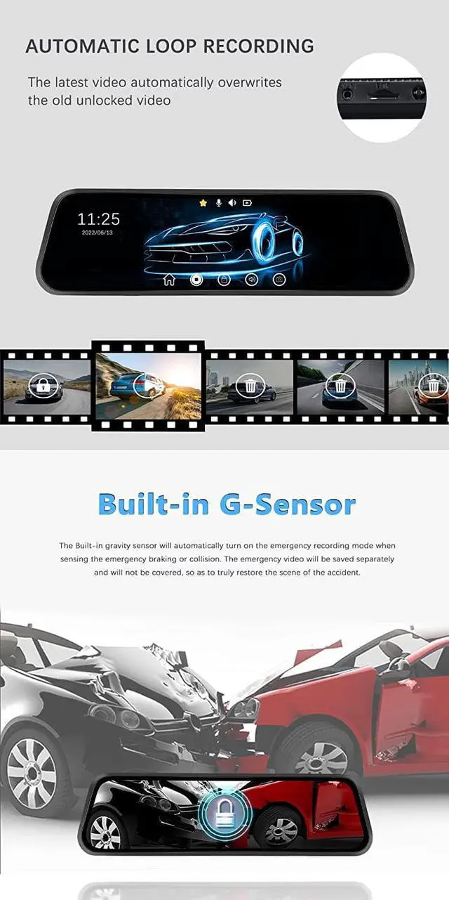 Alt view image 5 of 7 - CAMECHO 9.66 Mirror Dash Cam Backup Camera with 32GB Card, 1080P Full HD Touch Screen Dual Front and Rear Camera Super Night Vision, G-Sensor, WDR, Parking Monitor, Loop Recording, Motion Detection