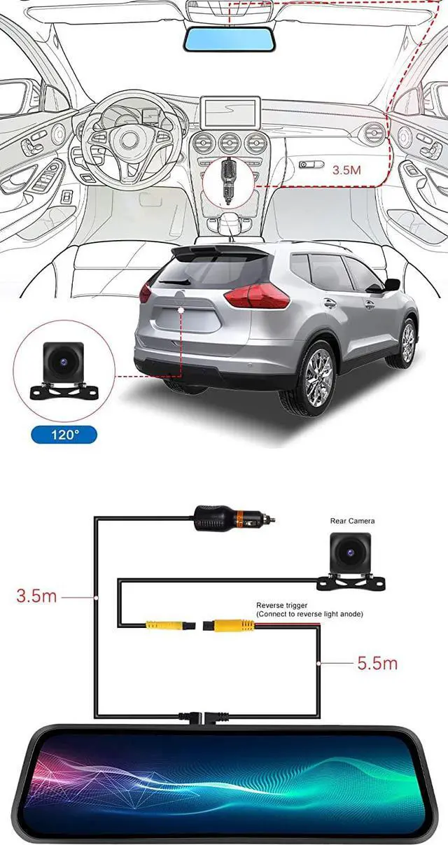 Alt view image 6 of 7 - CAMECHO 9.66 Mirror Dash Cam Backup Camera with 32GB Card, 1080P Full HD Touch Screen Dual Front and Rear Camera Super Night Vision, G-Sensor, WDR, Parking Monitor, Loop Recording, Motion Detection
