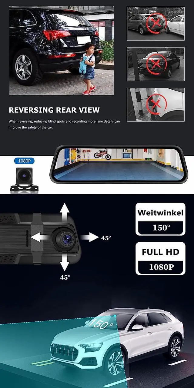 Alt view image 4 of 7 - CAMECHO 9.66 Mirror Dash Cam Backup Camera with 32GB Card, 1080P Full HD Touch Screen Dual Front and Rear Camera Super Night Vision, G-Sensor, WDR, Parking Monitor, Loop Recording, Motion Detection
