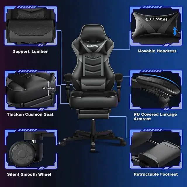 Alt view image 4 of 7 - ELECWISH Gaming Chair, Gamer Chair with Footrest, Ergonomic Racing Chair for Adluts with Padding Armrests PU Leather, 90-150 Degree Tilt Computer Gaming Chair with Footrest, Gray