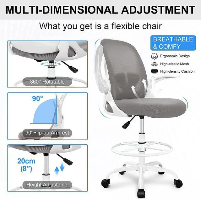 Alt view image 4 of 6 - Drafting Chair Primy Tall Office Chair with Flip-up Armrests Executive Ergonomic Computer Standing Desk Chair with Adjustable Footrest Ring and Lumbar SupportGray
