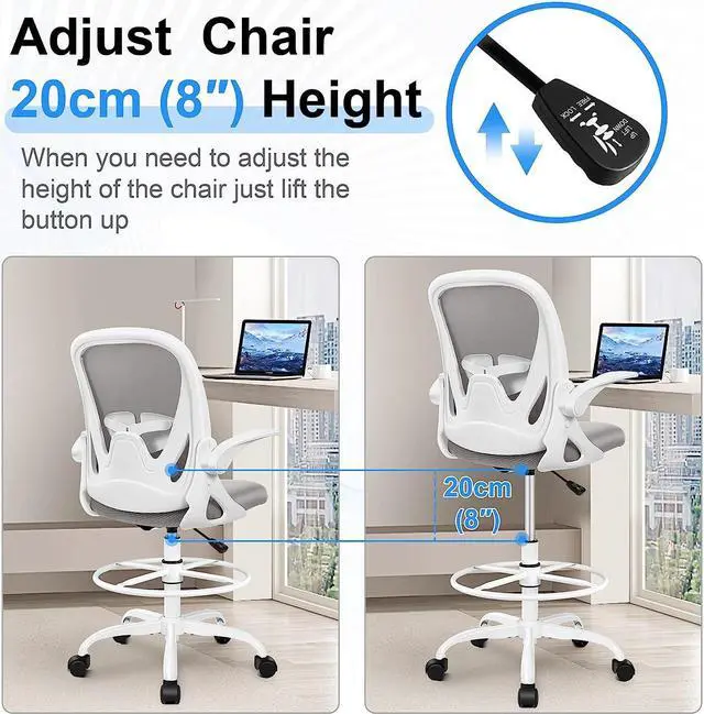Alt view image 5 of 6 - Drafting Chair Primy Tall Office Chair with Flip-up Armrests Executive Ergonomic Computer Standing Desk Chair with Adjustable Footrest Ring and Lumbar SupportGray