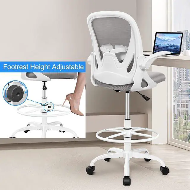 Alt view image 6 of 6 - Drafting Chair Primy Tall Office Chair with Flip-up Armrests Executive Ergonomic Computer Standing Desk Chair with Adjustable Footrest Ring and Lumbar SupportGray