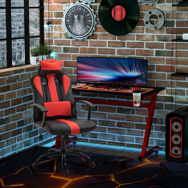 Alt view image 2 of 7 - Vinsetto Office Chair High Back Racing Style Gaming Chair Adjustable PU Leather Swivel Computer Task Seat with Lumbar Support and Pillow Red