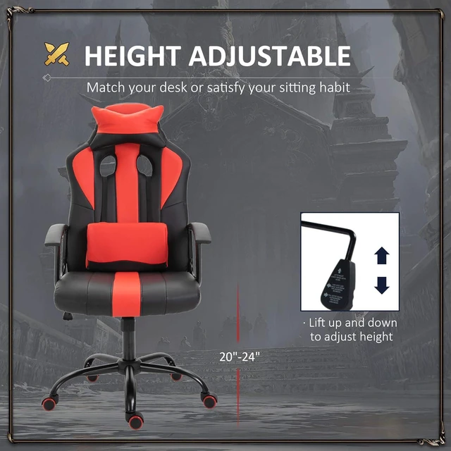 Alt view image 5 of 7 - Vinsetto Office Chair High Back Racing Style Gaming Chair Adjustable PU Leather Swivel Computer Task Seat with Lumbar Support and Pillow Red
