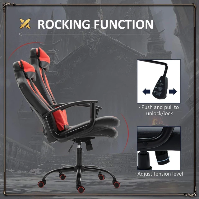 Alt view image 4 of 7 - Vinsetto Office Chair High Back Racing Style Gaming Chair Adjustable PU Leather Swivel Computer Task Seat with Lumbar Support and Pillow Red