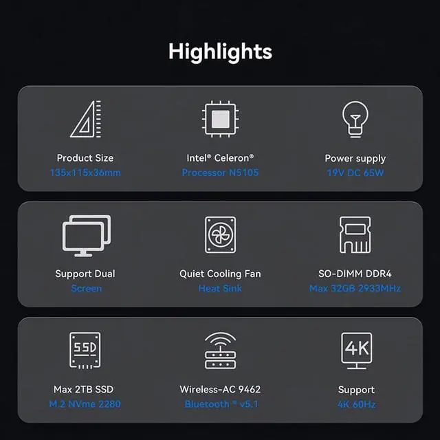 Alt view image 2 of 7 - Intel NUC Mini PC Celeron N5105 Processor 4 Core 2.0-2.9GHz UHD Graphics Support 4K Windows 10 11 HDMI DP 1.4 Bluetooth 5.1 Intel Celeron N5105 8GB / 256GB SSD