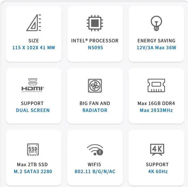 Alt view image 2 of 7 - Beelink Mini S Intel 11th Gen N5095(UP to 2.9GHz), 8GB DDR4 128GB SSD, Intel UHD Graphics, Windows 10 Pro, Dual HDMI 4K WiFi5 BT4.0
