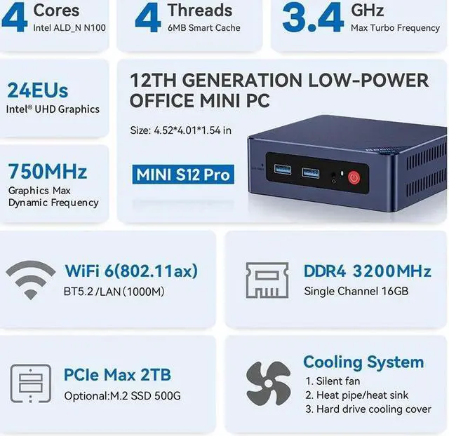 Alt view image 2 of 7 - Beelink Mini S12 Pro Intel N100 (Up to 3.4GHz), 16GB DDR4 RAM 500GB NVME SSD, Intel UHD Graphics, Windows 10 Pro, Dual HDMI/WiFi 6/BT 5.2