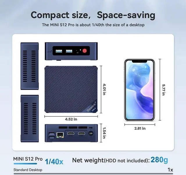 Alt view image 3 of 7 - Beelink Mini S12 Pro Intel N100 (Up to 3.4GHz), 16GB DDR4 RAM 500GB NVME SSD, Intel UHD Graphics, Windows 10 Pro, Dual HDMI/WiFi 6/BT 5.2