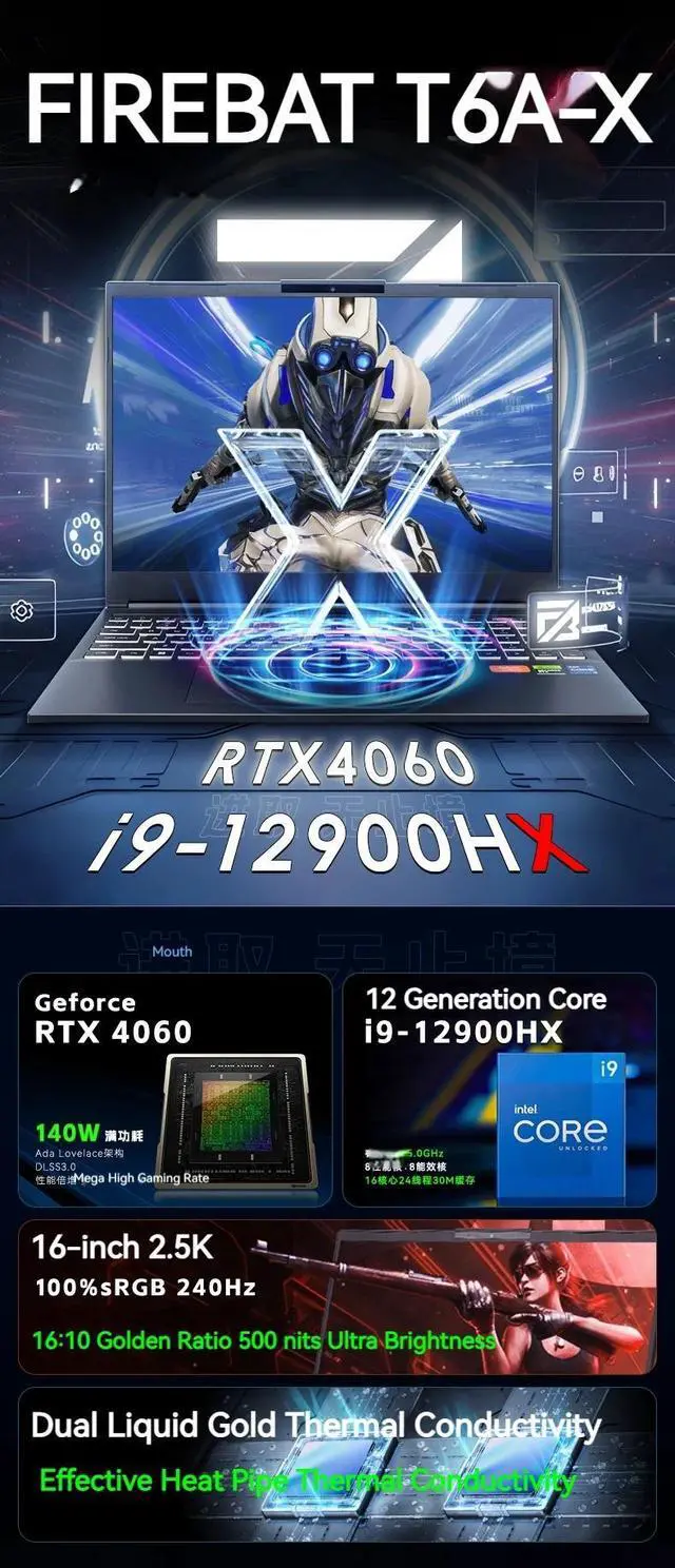 Alt view image 4 of 7 - FIREBAT T6A-X 16" 240Hz IPS - Intel Core i9 12th Gen 12900HX(2.3GHz) - NVIDIA GeForce RTX 4060 8G Laptop GPU - 16 GB DDR5 - 1TB PCIe SSD - Windows 11 Home - Gaming Laptop