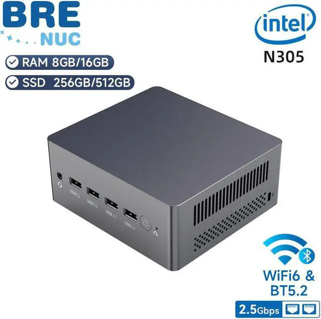 Main image of BRENUC Mini PC N9N PRO Intel Core i3-N305 (up to 3.8GHz), 16GB DDR4 RAM 512GB NVME SSD, Intel UHD Graphics, Win11 Pro, 2 x 2.5GbE I226-V 6 x USB Ports WiFi 6 Bluetooth 5.2