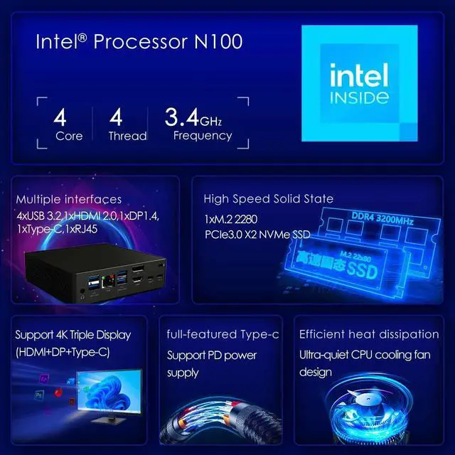 Alt view image 2 of 6 - BRENUC Mini PC C06E Intel Alder Lake N100(up to 3.4GHz), 8GB DDR4 RAM 256GB NVME SSD, Intel UHD Graphics, Win11 Pro, WiFi 6 Bluetooth 5.2