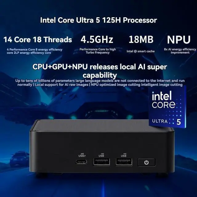 Alt view image 3 of 7 - ASUS NUC 14 Pro Intel Core Ultra 5 125H RNUC14RVKU50000UI Slim PC Barebone WiFi 6E BT5.3, US cord