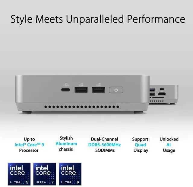 Alt view image 2 of 7 - ASUS NUC 14 Pro+ Intel 14th Gen Core Ultra 9 185H (NPU Support), 64GB DDR5 RAM, 2TB SSD, Thunderbolt 4, Wi-Fi 6E & Bluetooth 5.3, Silver Aluminum Chassis, with VESA Mount
