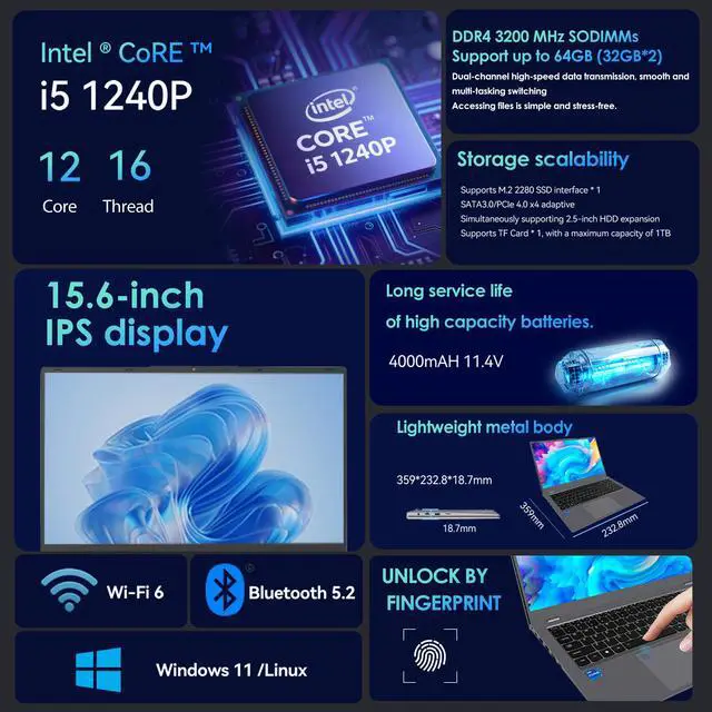 Alt view image 2 of 7 - BRENUC Gaming Laptop Intel Core i5-1240P 3.3-4.4GHz, 15.6" IPS Display,16GB RAM 512GB NVMe SSD Laptop Computer Windows 11 Pro, Metal Case