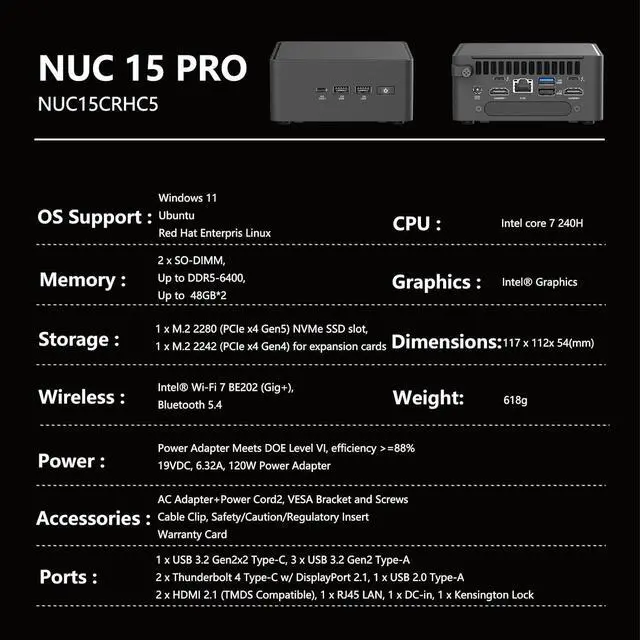 Alt view image 6 of 7 - ASUS NUC 15 Pro NUC15CRHC7, Intel Core 7 240H, DDR5-5600 RAM, WiFi 7 & Thunderbolt 4, Supports Quad 4K, Bluetooth 5.4 (Barebone System)