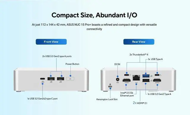 Alt view image 5 of 7 - ASUS NUC 15 Pro+ NUC15CRSU7, Intel Core Ultra 7 255H Processor, Arc Graphics, Supports Quad 4K, Wi-Fi 7, Bluetooth 5.4 (Barebone System)