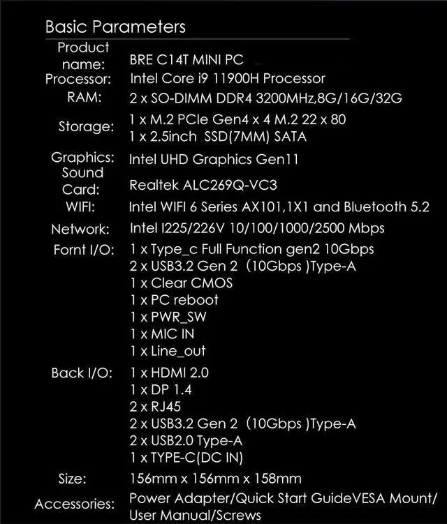 Alt view image 7 of 7 - BRENUC Mini PC C14T Intel Core i9-11900H (up to 4.9GHz),  Intel UHD Graphics, Dual 2.5G LAN 4K Triple Display WiFi 6 Bluetooth 5.2 Barebone