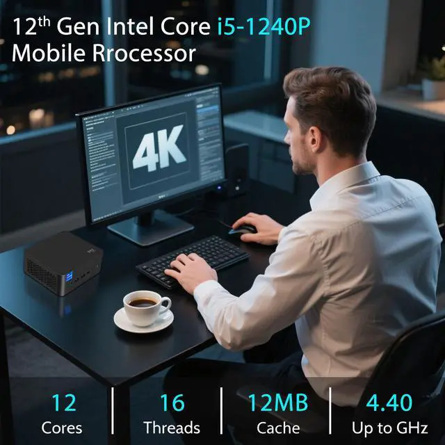 Alt view image 2 of 7 - BRENUC MINI PC,Intel 12th Gen Core i5-1240P Up to 4.4GHz, HDMI/TYPE-C 8K@60Hz Output, 1X 2.5G RJ45 Port, 4X USB Port, Intel Iris Xe Graphics, VESA Mount Barebone