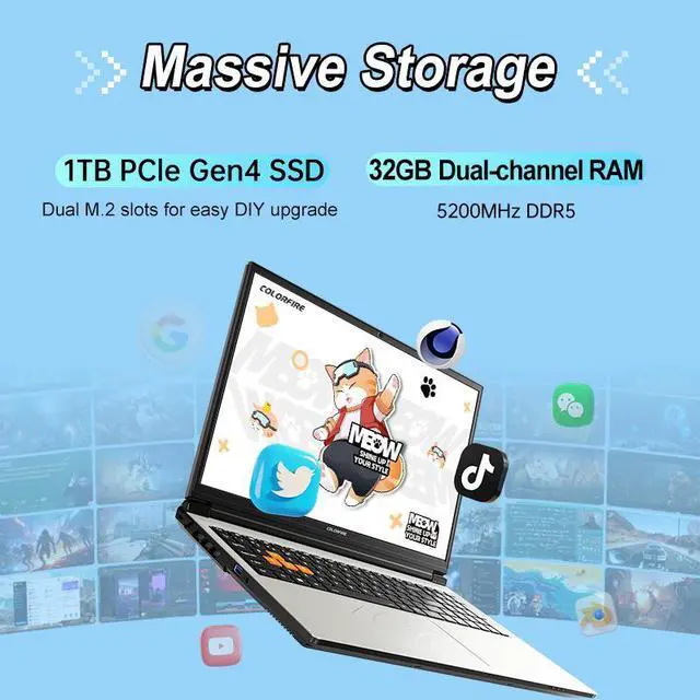 Alt view image 6 of 7 - COLORFIRE MEOW R16 Pro Gaming Laptop - 16" QHD 180Hz - AMD Ryzen 7 8745HX - GeForce RTX 5060 Laptop GPU - 32GB DDR5 RAM - 1TB Nvme SSD