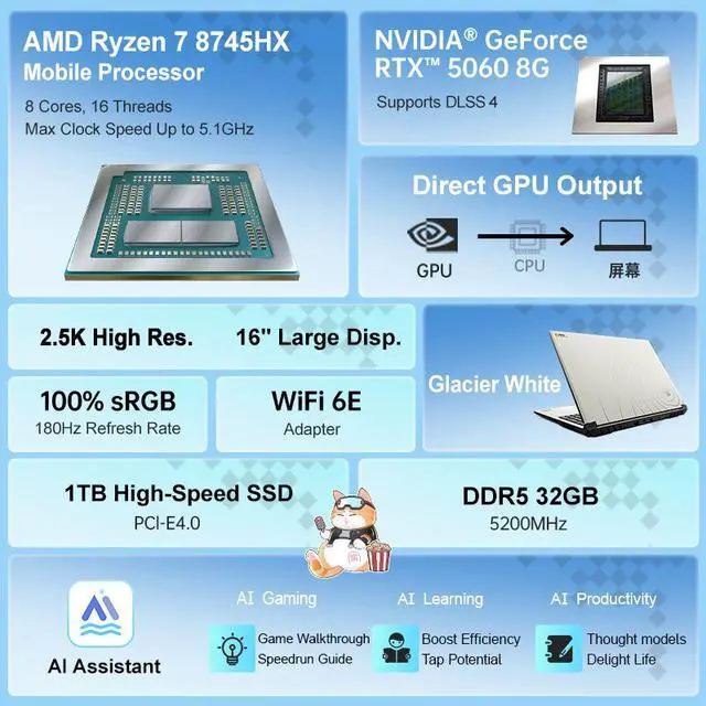 Alt view image 4 of 7 - COLORFIRE MEOW R16 Pro Gaming Laptop - 16" QHD 180Hz - AMD Ryzen 7 8745HX - GeForce RTX 5060 Laptop GPU - 32GB DDR5 RAM - 1TB Nvme SSD