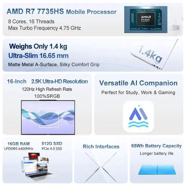 Alt view image 2 of 7 - Colorfire E16 Business Laptop | 16" (2560x1600) 120Hz | AMD Ryzen 7 7735HS | 16GB LPDDR5 RAM | 512GB NVMe SSD | AMD Radeon 680M | WiFi 6 | HD Webcam
