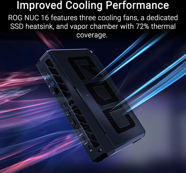 Alt view image 4 of 7 - ASUS ROG NUC 16 Gaming Mini PC, Intel Core Ultra 9 290HX CPU, NVIDIA GeForce RTX 5080 16GB GDDR7, 32GB DDR5 RAM, 2TB NVMe SSD, Thunderbolt 4, Triple-fan cooling, 5 Displays Support
