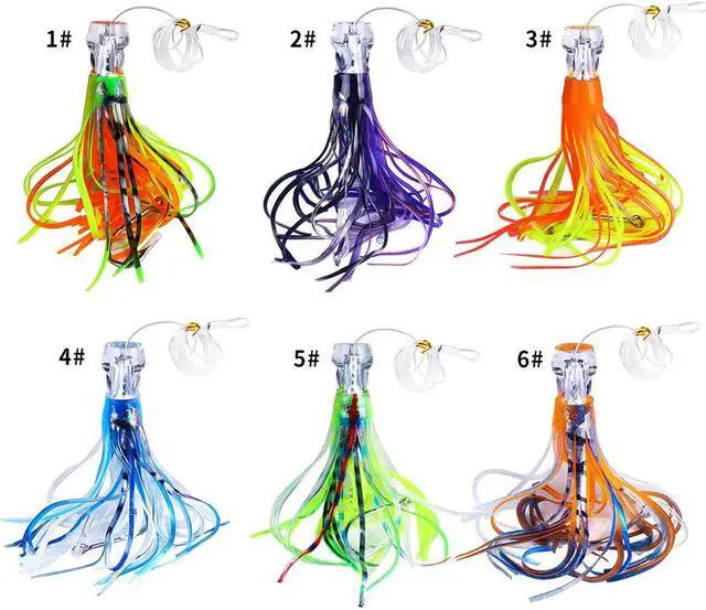 Alt view image 2 of 6 - 6pc Resin Head Octopus Soft Skirt Lure, Deep Sea Fishing Big Trolling Bait For Tuna, Wahoo Fast Sinking 22cm/8.66in 100g/3.53oz