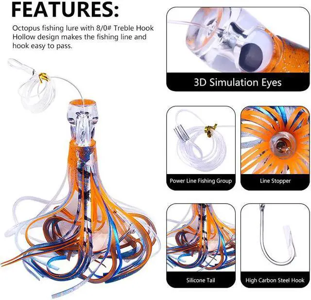 Alt view image 5 of 6 - 6pc Resin Head Octopus Soft Skirt Lure, Deep Sea Fishing Big Trolling Bait For Tuna, Wahoo Fast Sinking 22cm/8.66in 100g/3.53oz