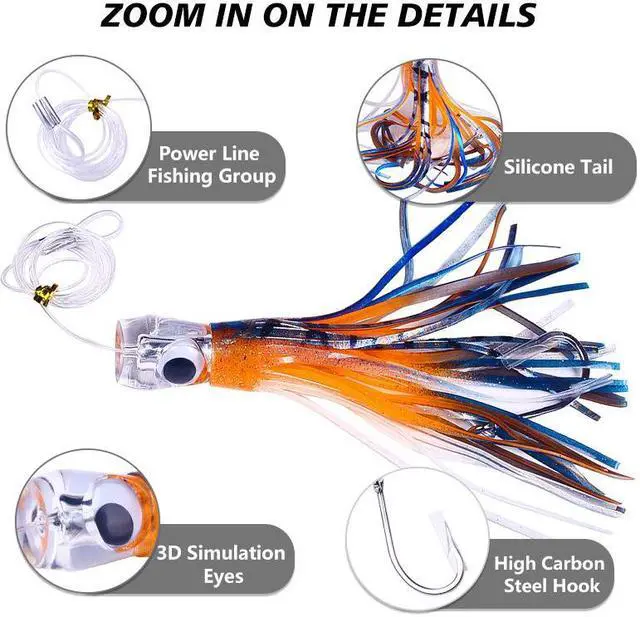 Alt view image 4 of 6 - 6pc Resin Head Octopus Soft Skirt Lure, Deep Sea Fishing Big Trolling Bait For Tuna, Wahoo Fast Sinking 22cm/8.66in 100g/3.53oz
