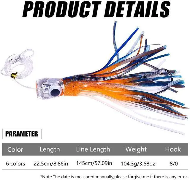 Alt view image 3 of 6 - 6pc Resin Head Octopus Soft Skirt Lure, Deep Sea Fishing Big Trolling Bait For Tuna, Wahoo Fast Sinking 22cm/8.66in 100g/3.53oz